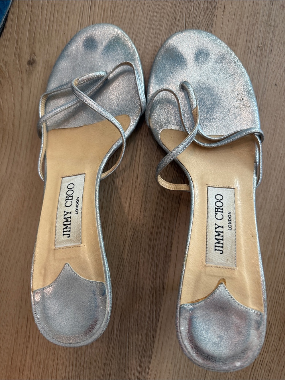 Jimmy Choo Metallic Silver Strappy Mules